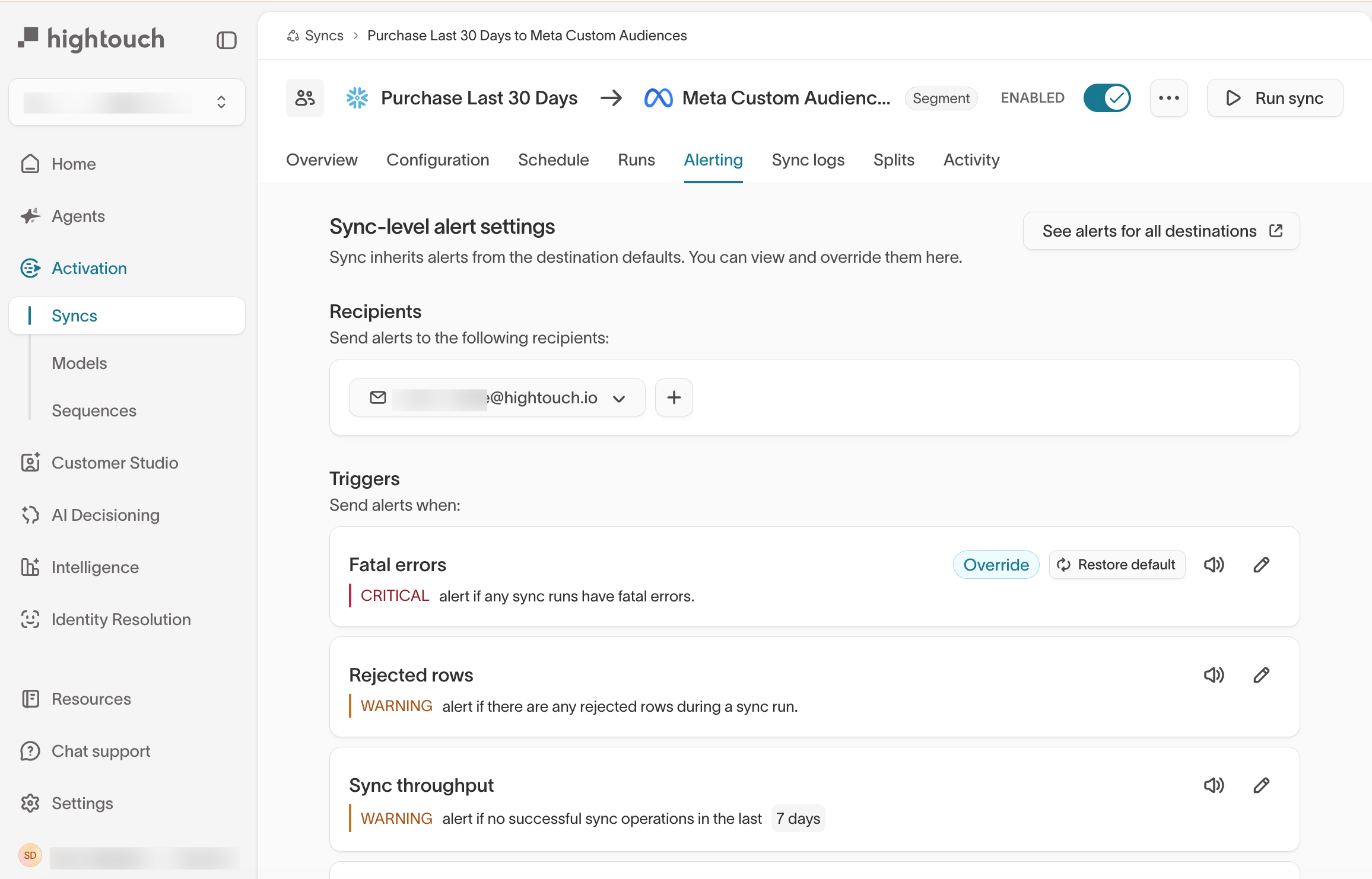 Sync-level alert settings on the Alerting tab