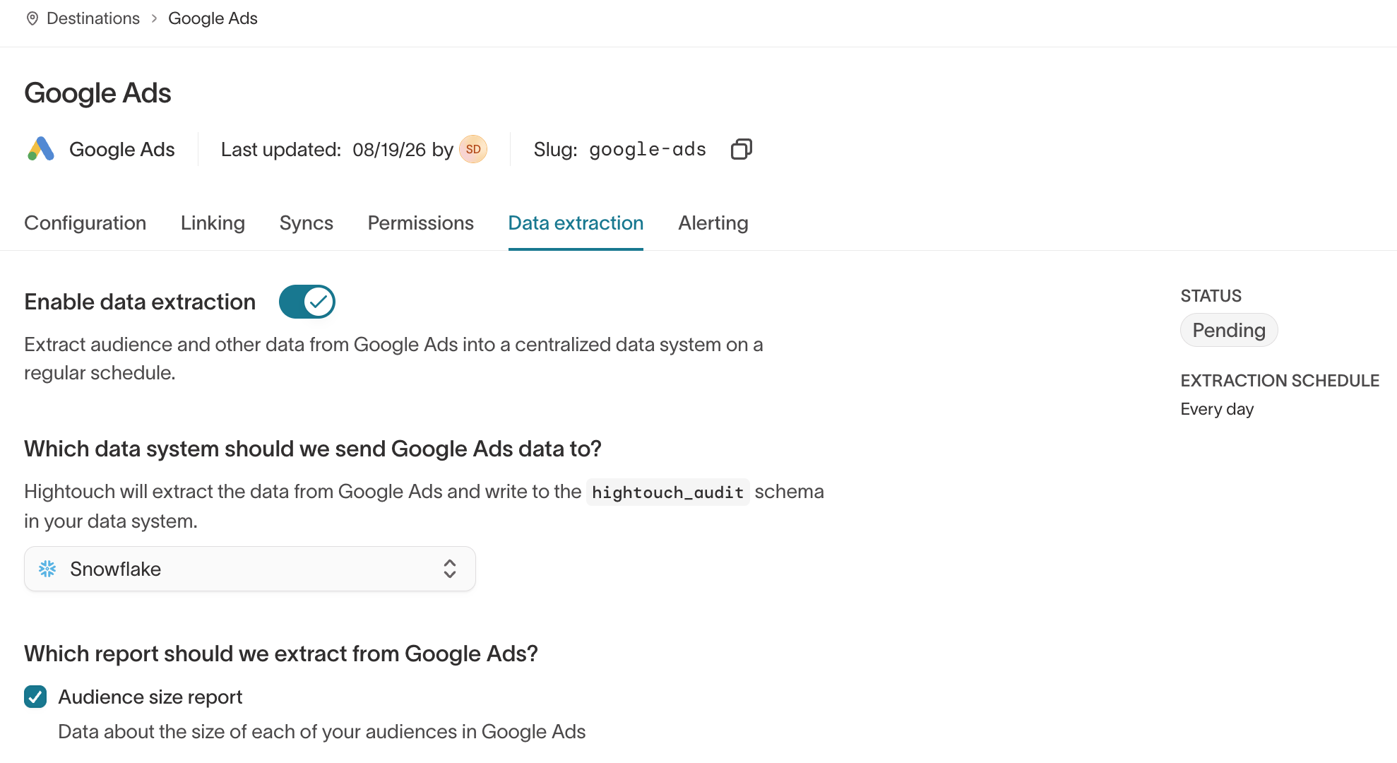 The Data extraction tab configured for a Google Ads destination