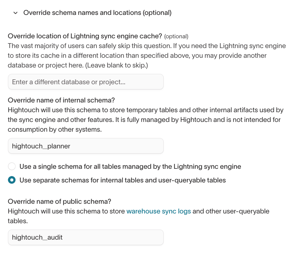 Overriding the internal and public schema names during setup