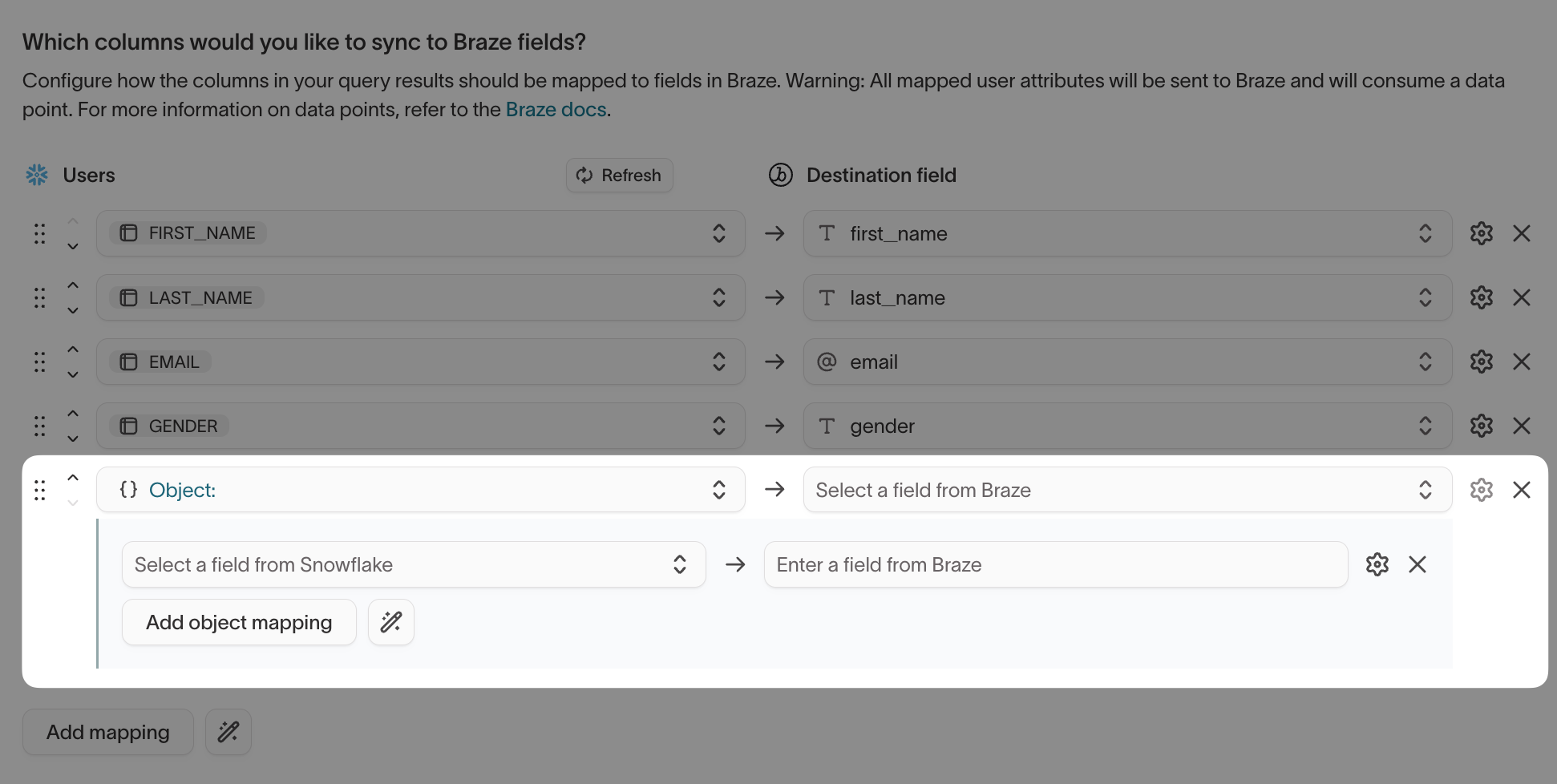 An object mapping expanded to show its nested field mappings