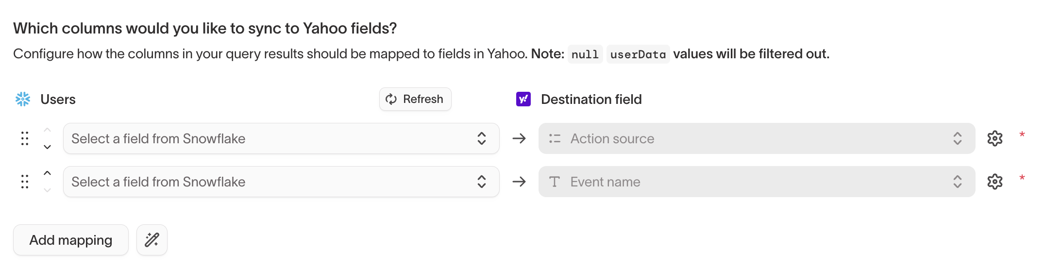 Required destination fields marked with an asterisk