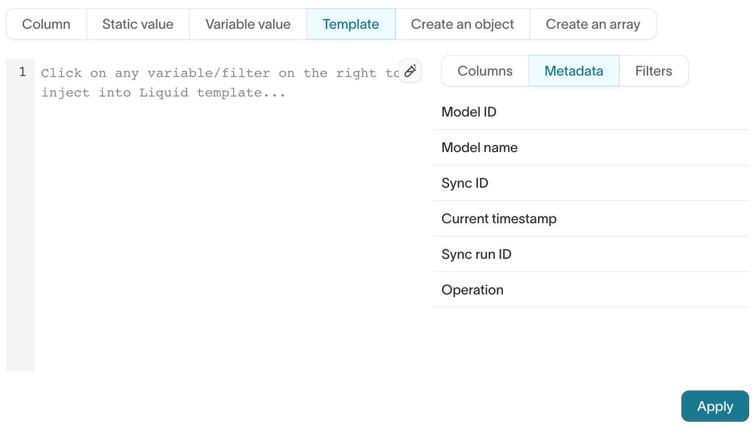 The Metadata tab of the template editor