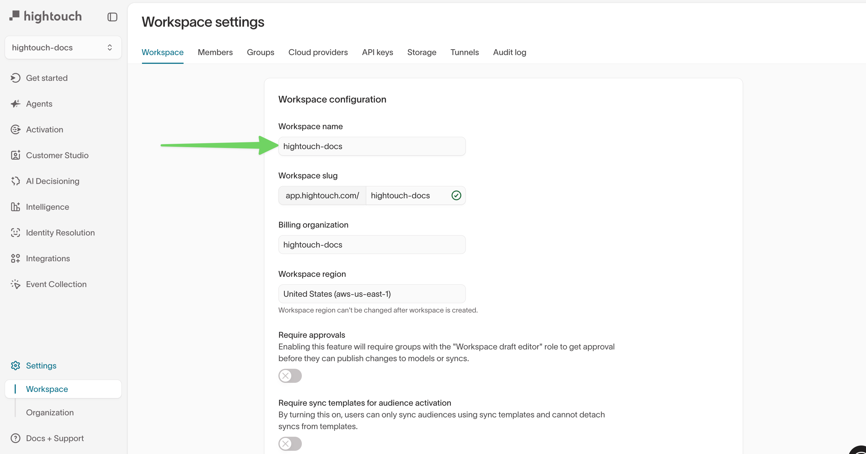 Workspace settings showing the workspace name, slug, billing organization, and region fields