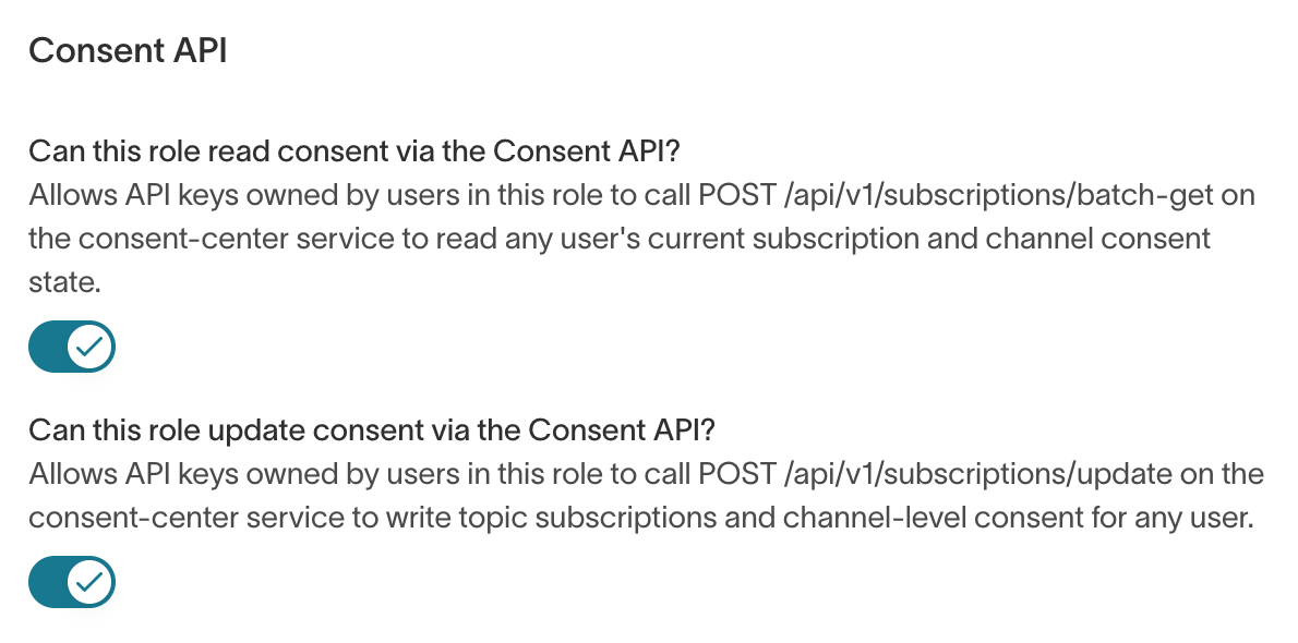 The Consent API tab of the custom role builder, with toggles to read and update consent