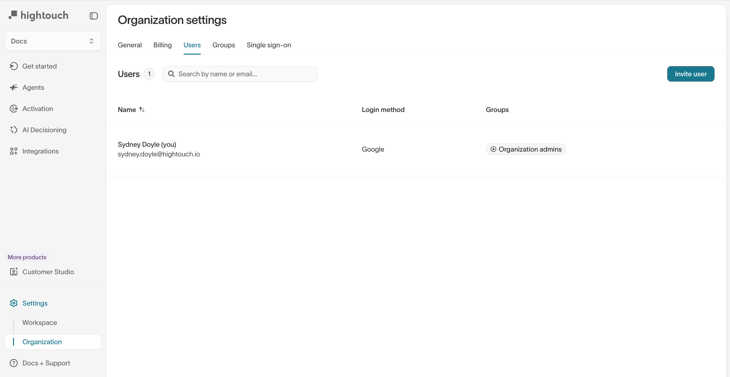 Organization settings showing the Users tab with current members and the Invite user button