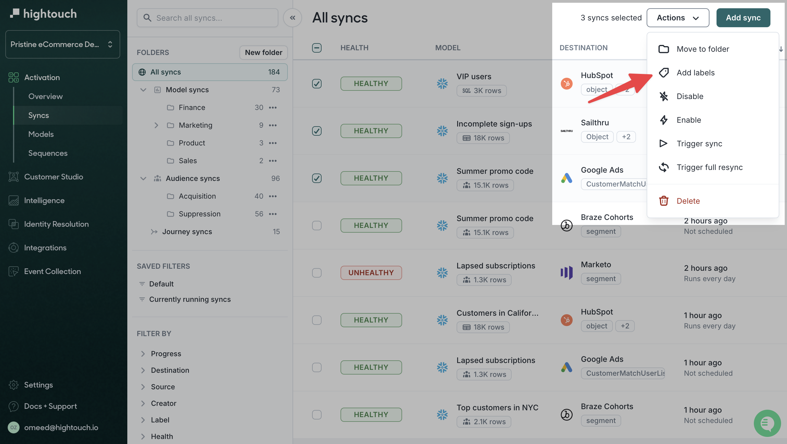 Applying labels to resources in the Hightouch UI