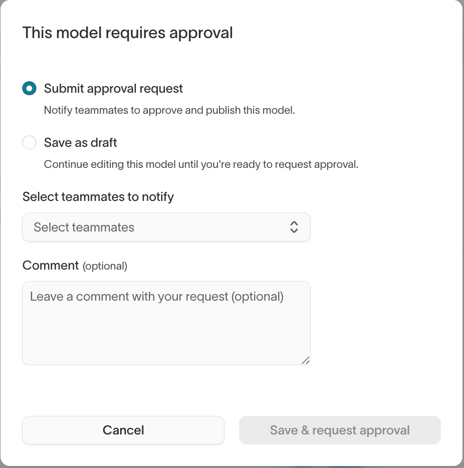 Workspace draft editor dialog showing Submit approval request and Save as draft options